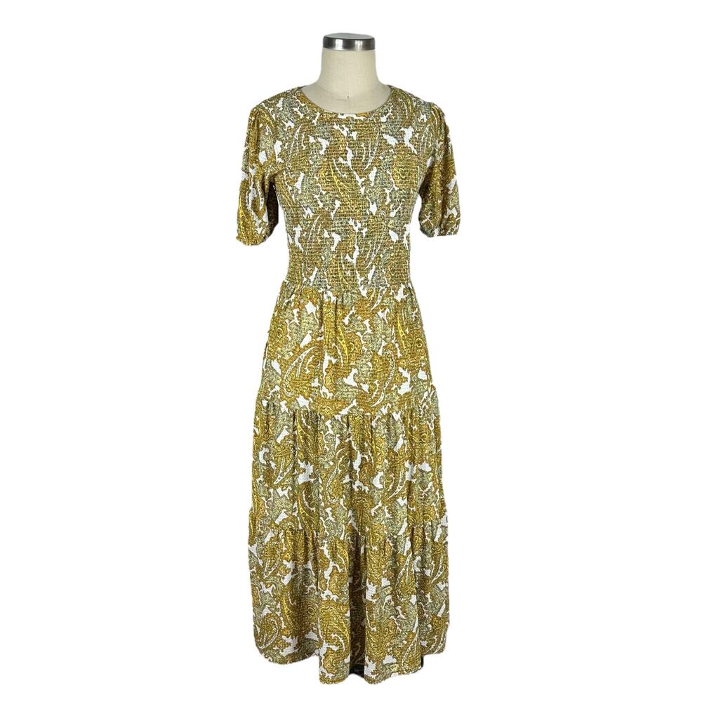 MK MICHAEL KORS Yellow Piasley Patterned‎ Smocked Saffron Midi Dress Women's Med